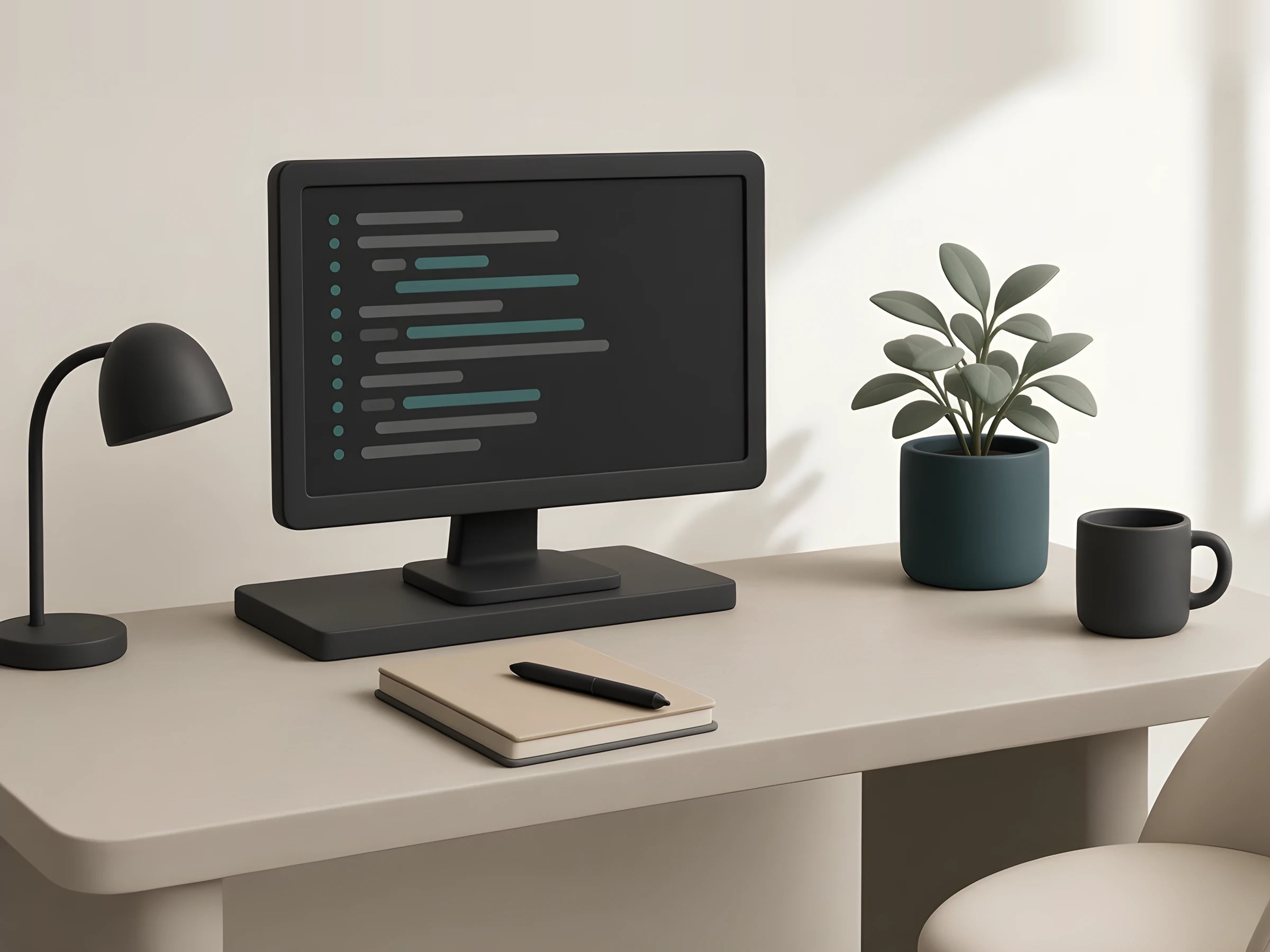 Illustration of a calm desk with code on the monitor, a lamp, a plant and a mug