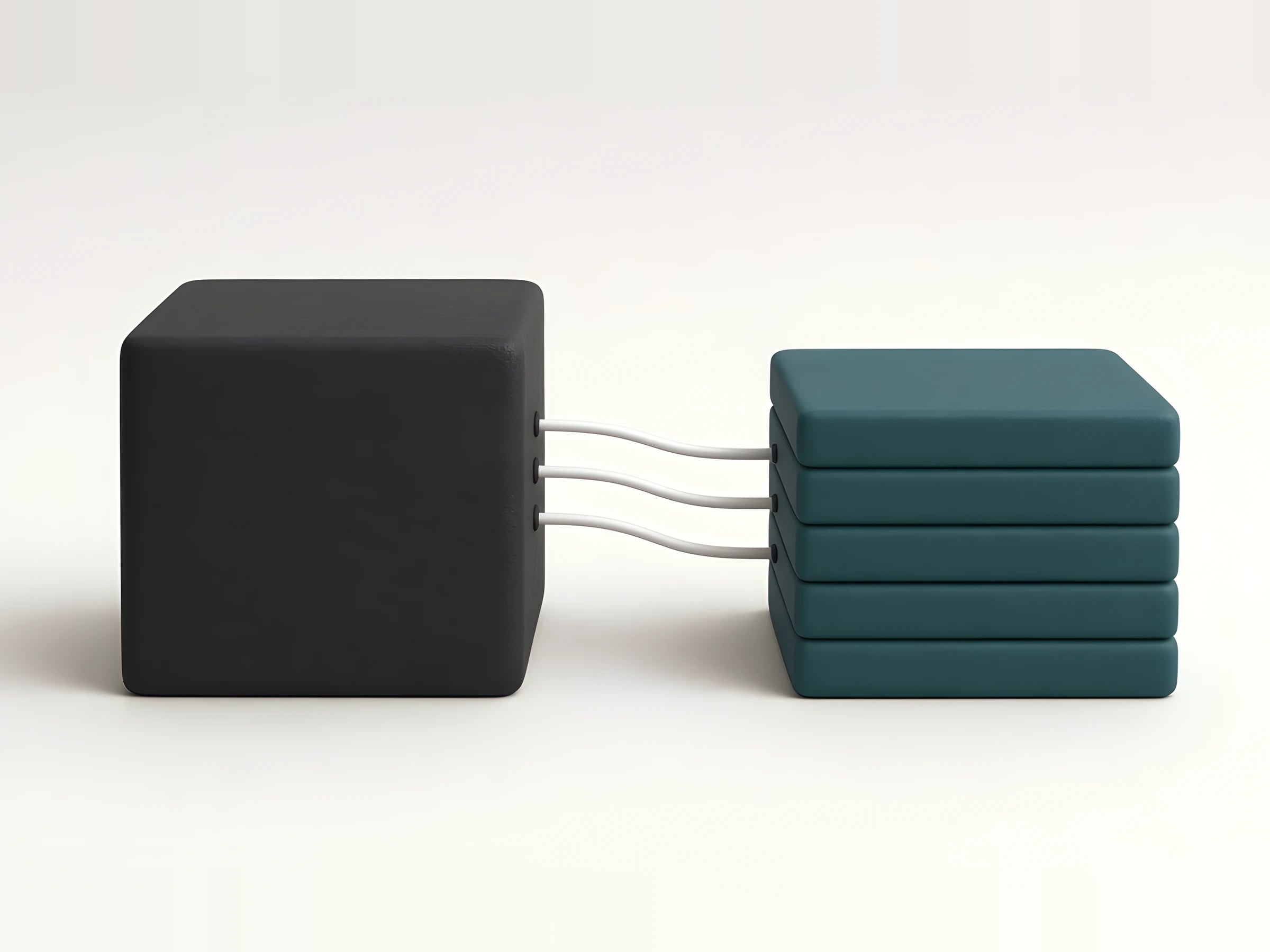 Illustration of a dark product block connected by cables to a stack of teal layers