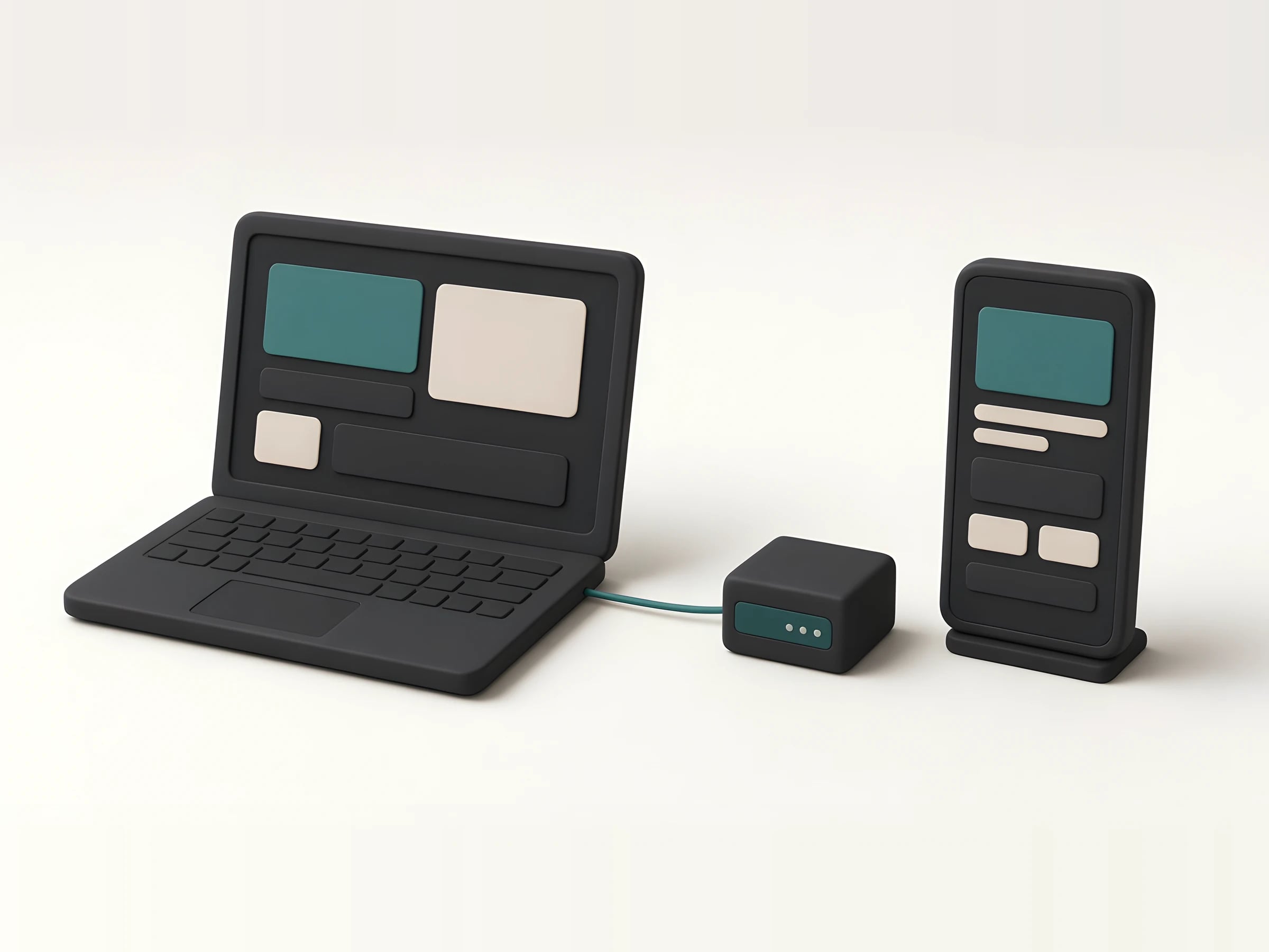 Illustration of a laptop and a phone connected to a small server