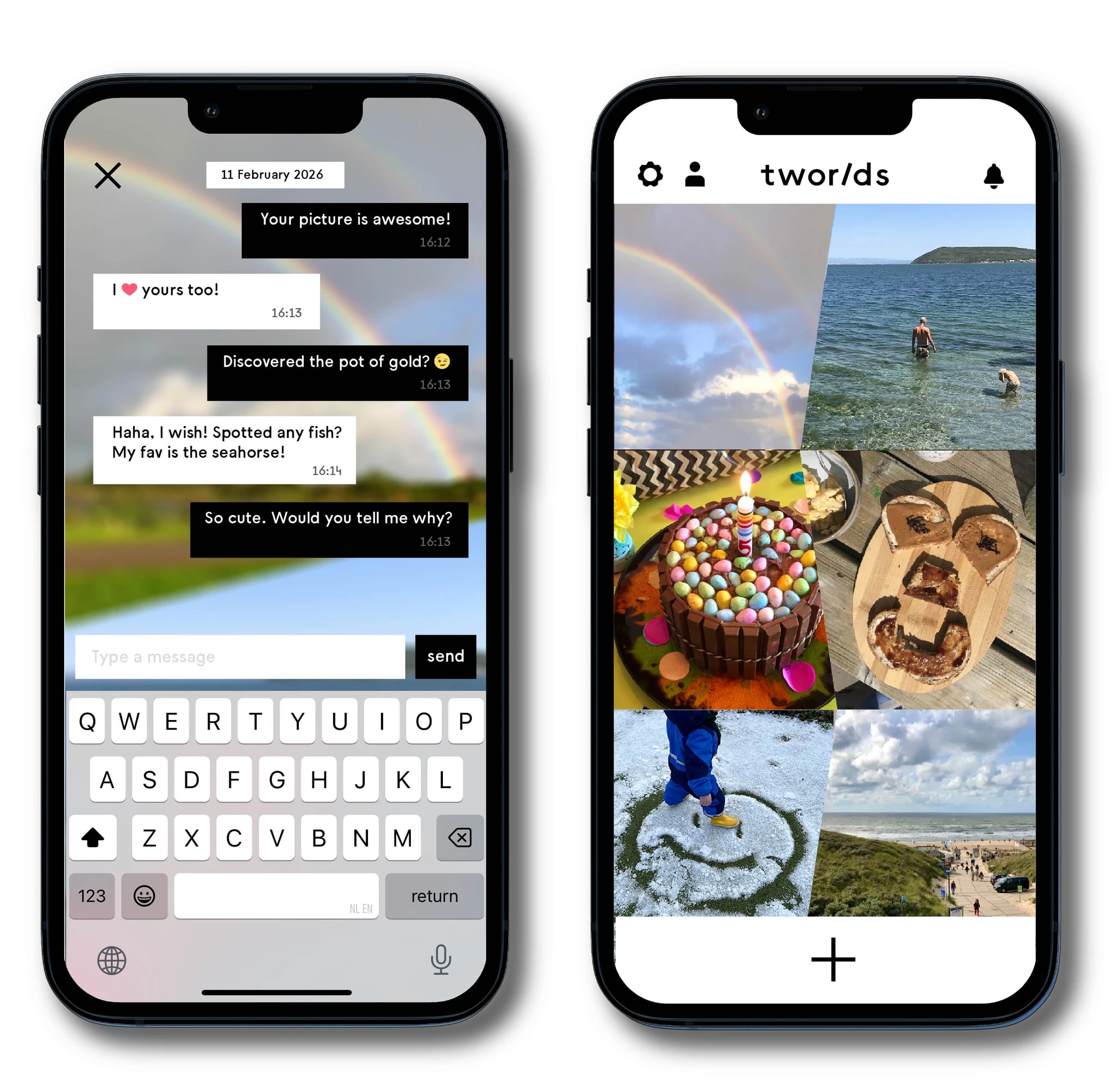 Two Tworlds screens: a chat between the two people who shared a moment, and a personal collection of paired photos