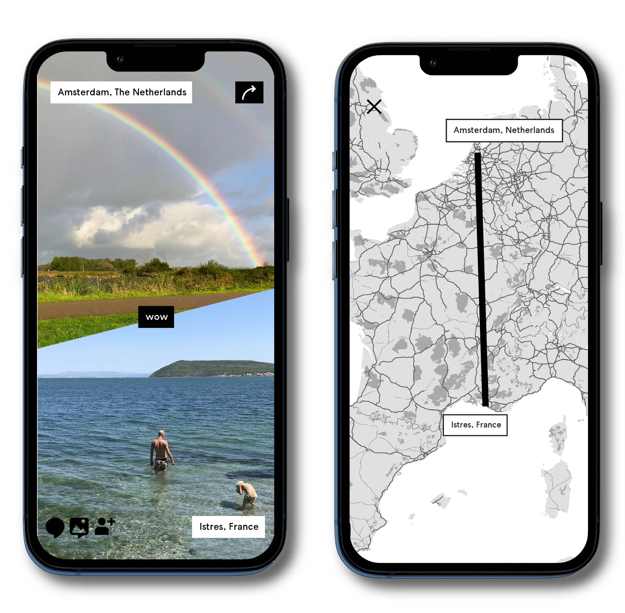 Two Tworlds screens: a rainbow photo from Amsterdam paired with a sea photo from Istres, France, and a map tracing the line between the two cities